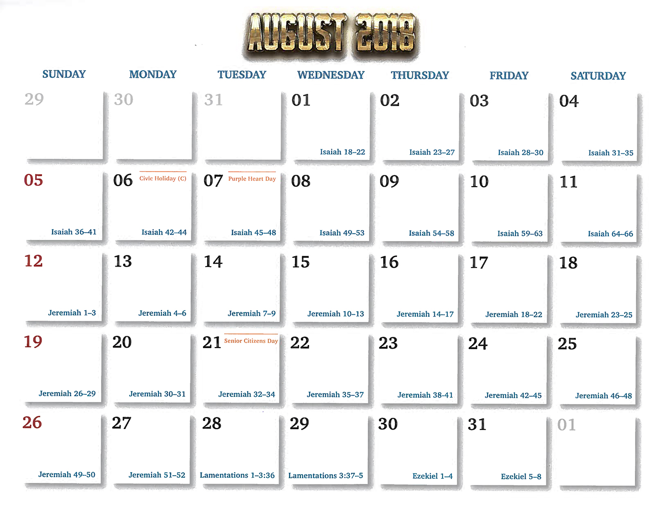 2018 Prophecy Calendar: August - Calendar
