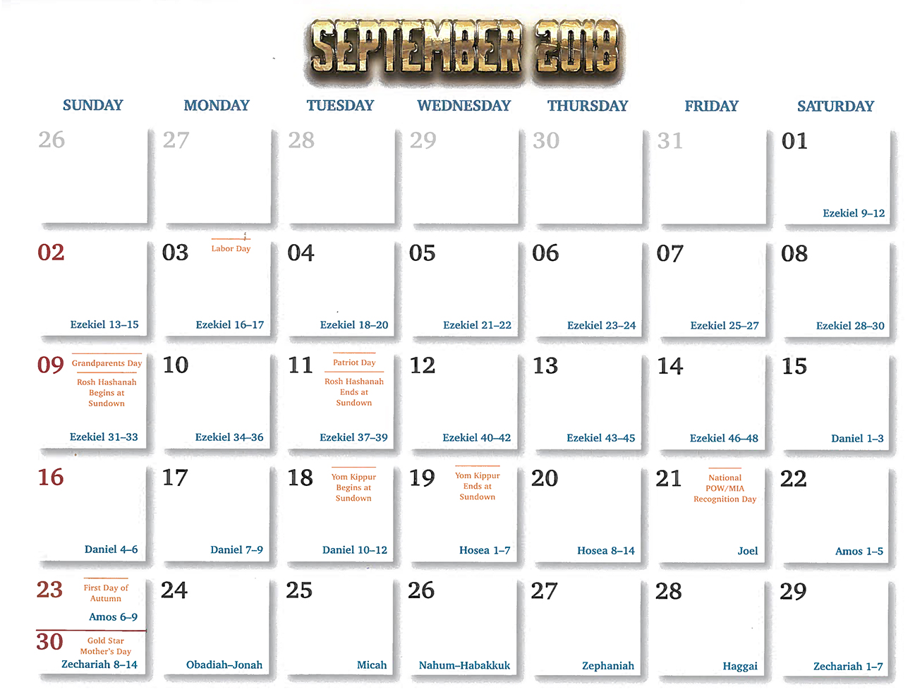 2018 Prophecy Calendar: September - Calendar