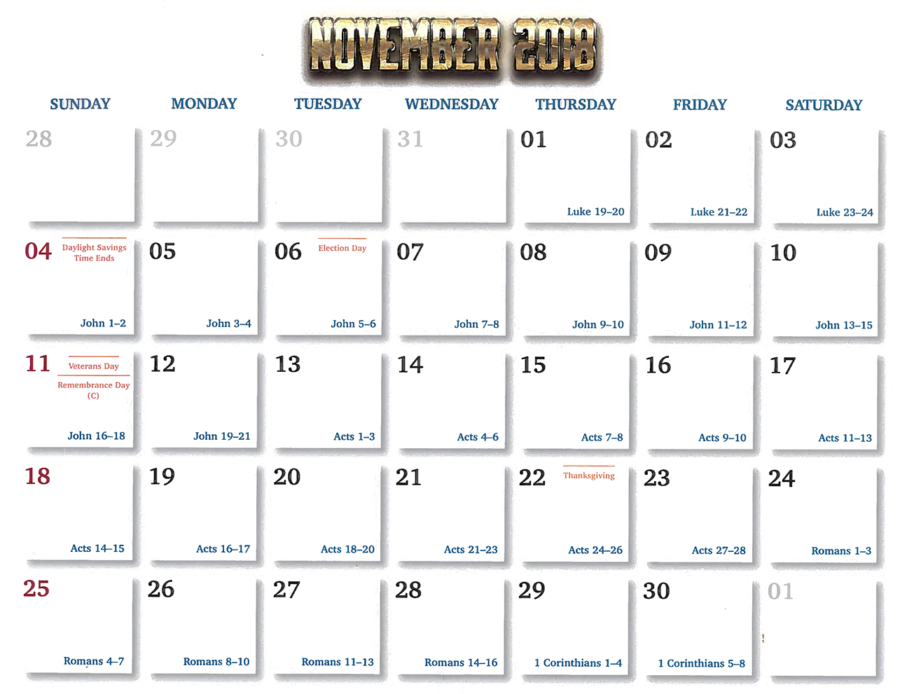 2018 Prophecy Calendar: November - Calendar