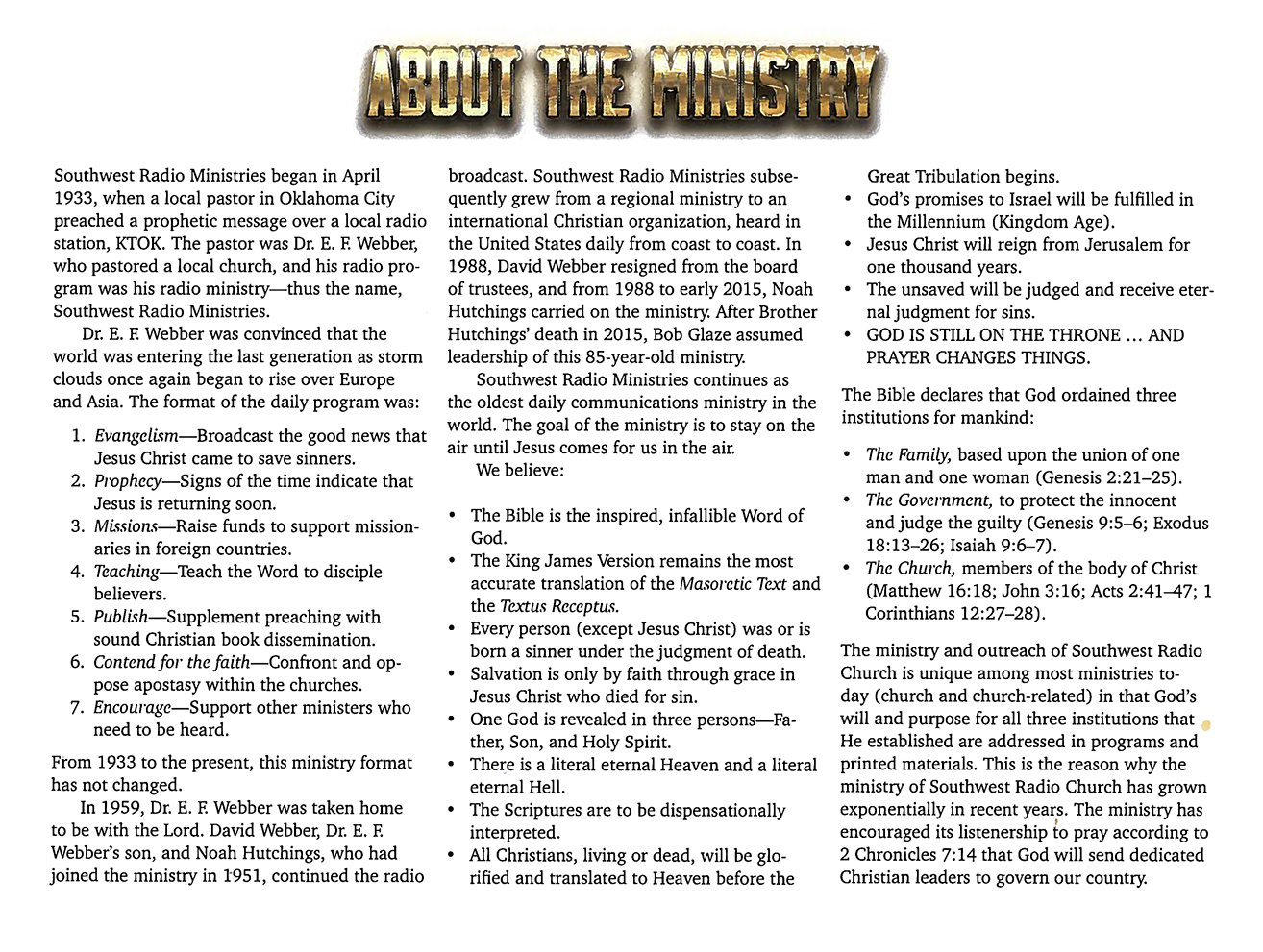 2018 Prophecy Calendar: About the Ministry