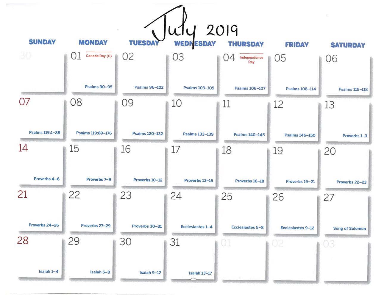2019 Prophecy Calendar: July - Calendar