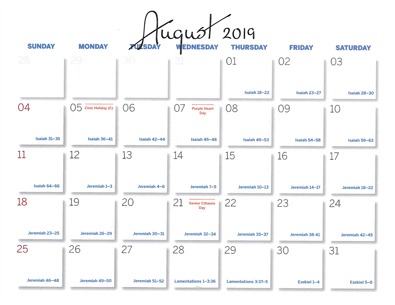 2019 Prophecy Calendar: August - Calendar