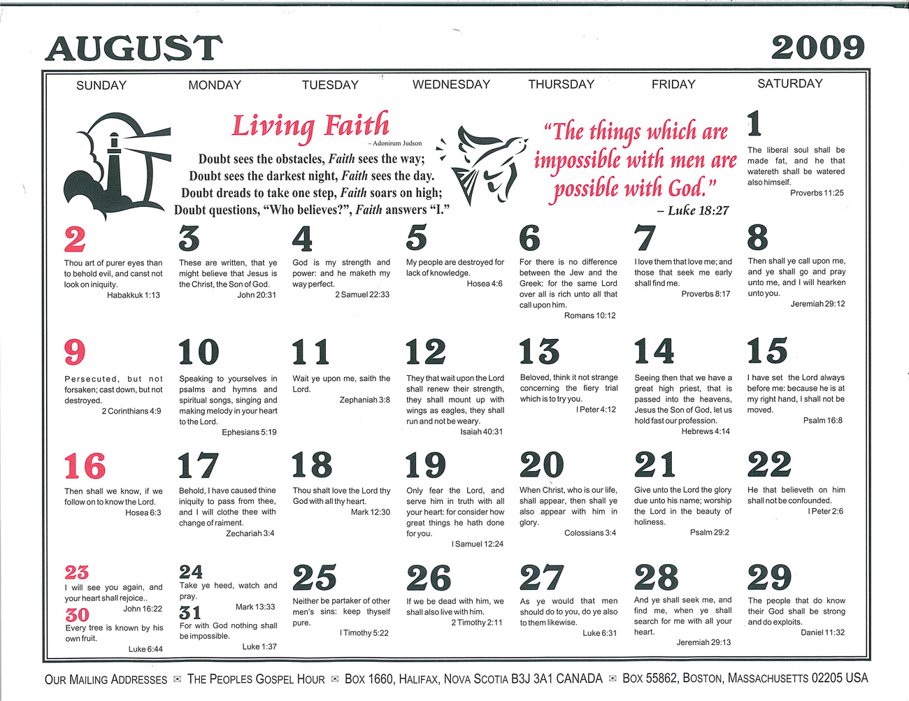August: 2009 Daily Bible Text Calendar