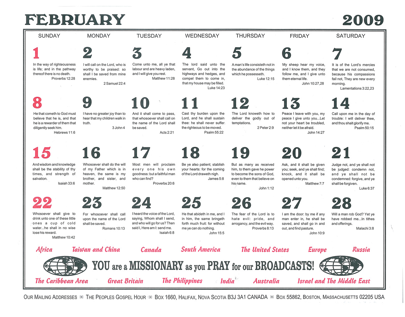 February: 2009 Daily Bible Text Calendar