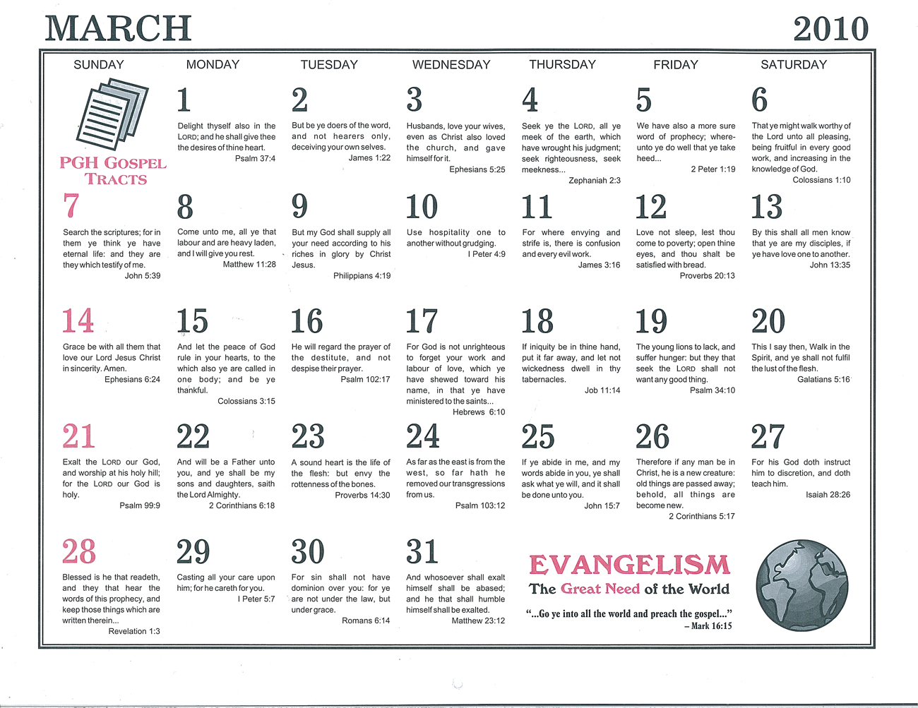 March: 2010 The Peoples Gospel Hour Calendar