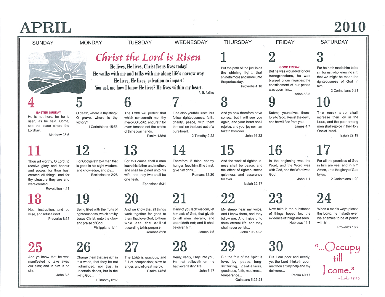 April: 2010 The Peoples Gospel Hour Calendar
