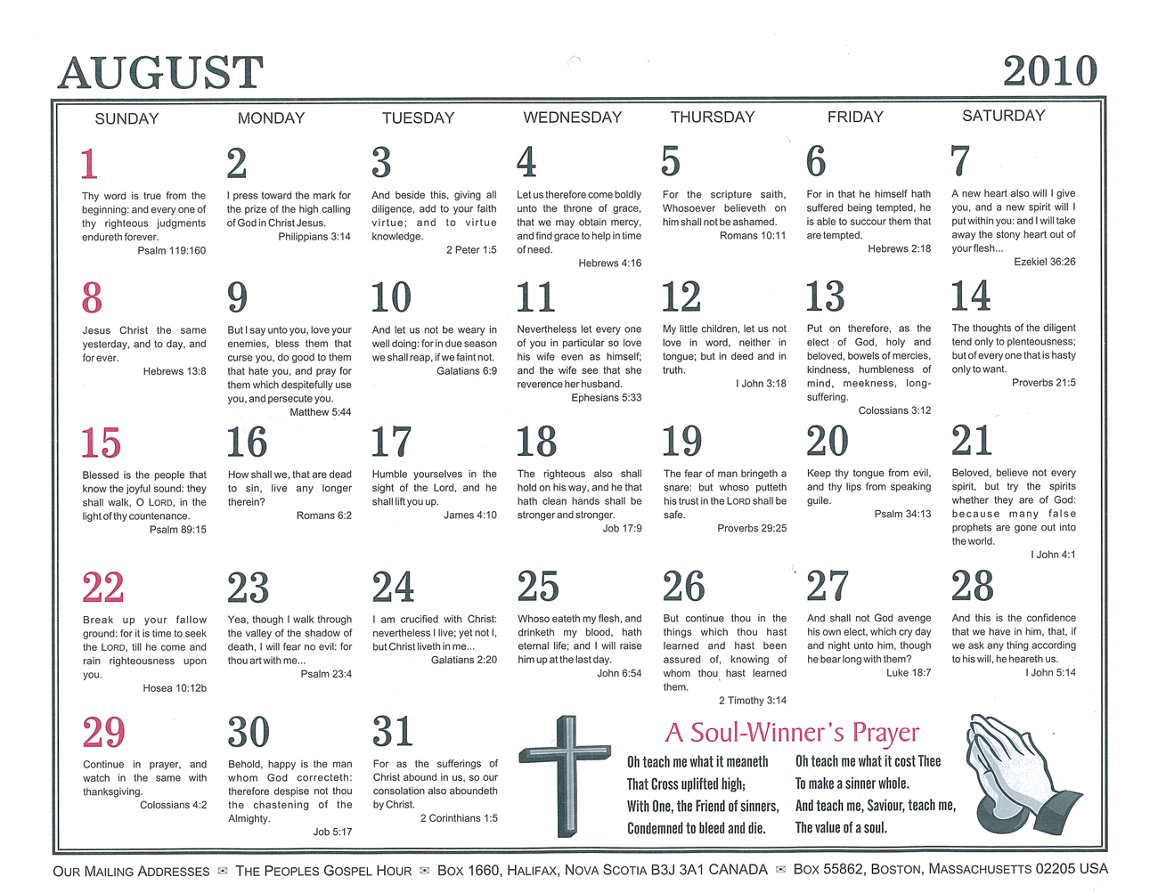 August: 2010 The Peoples Gospel Hour Calendar