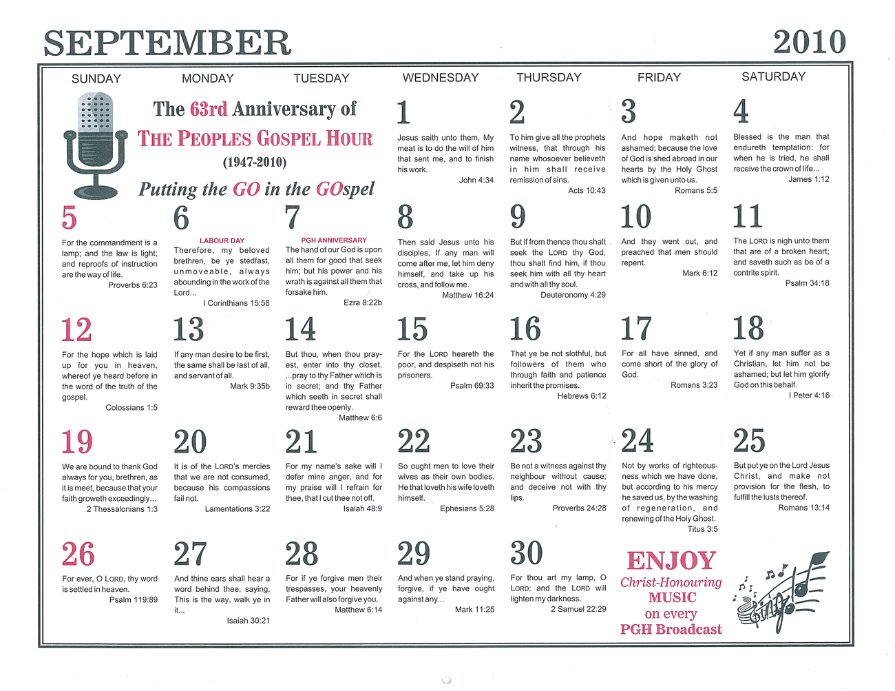 September: 2010 The Peoples Gospel Hour Calendar