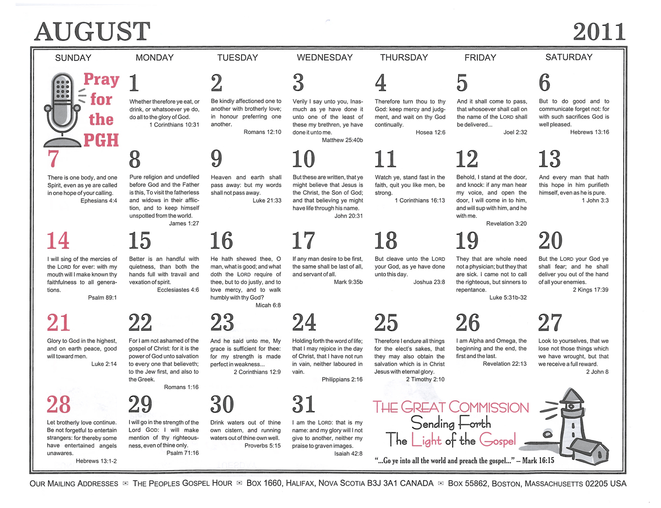 August: 2011 The Peoples Gospel Hour Calendar