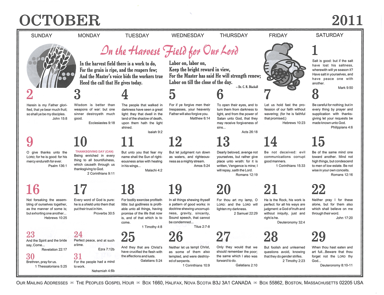 October: 2011 The Peoples Gospel Hour Calendar