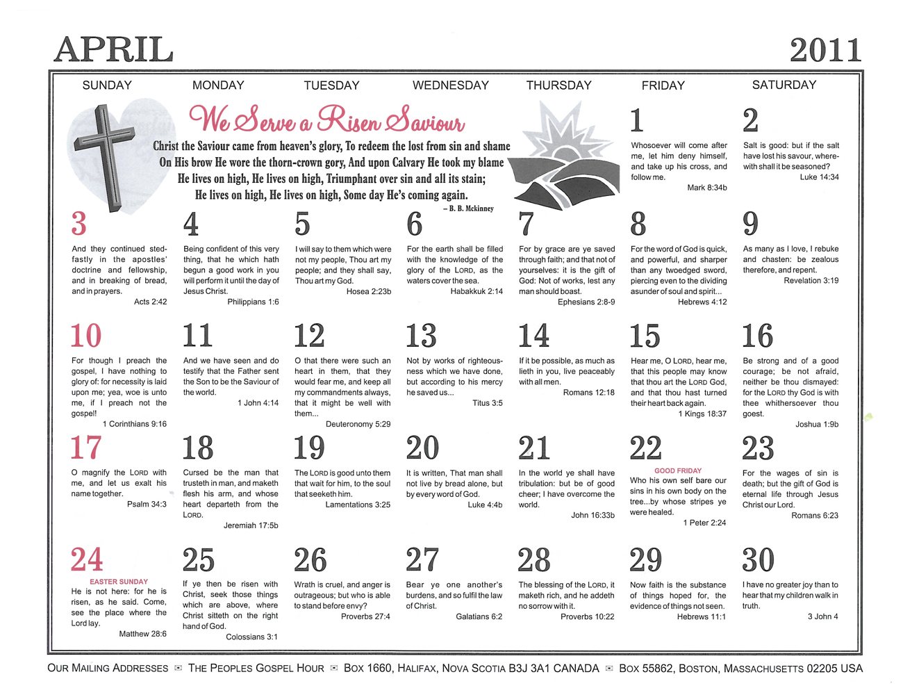 April: 2011 The Peoples Gospel Hour Calendar