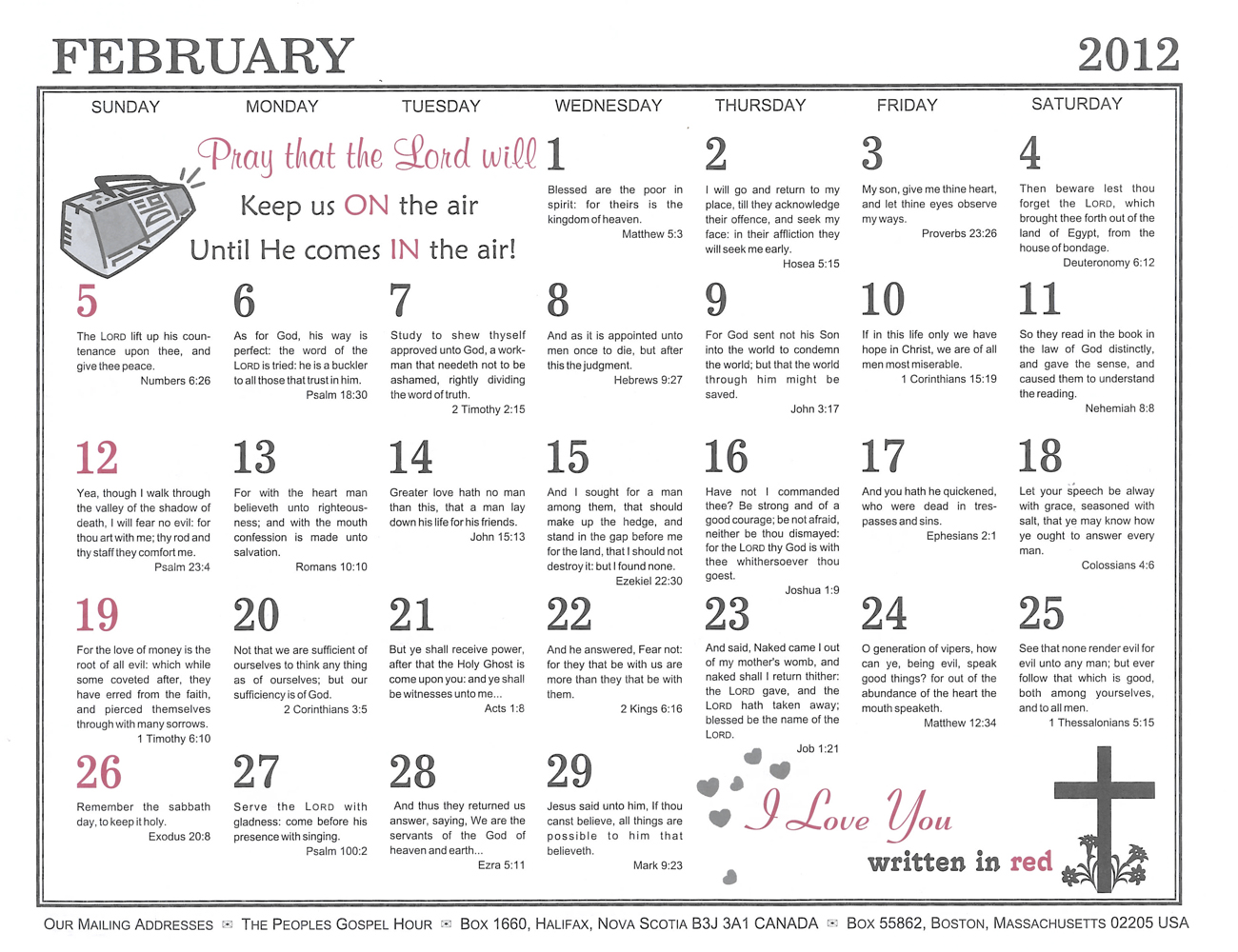 February: 2012 The Peoples Gospel Hour Calendar