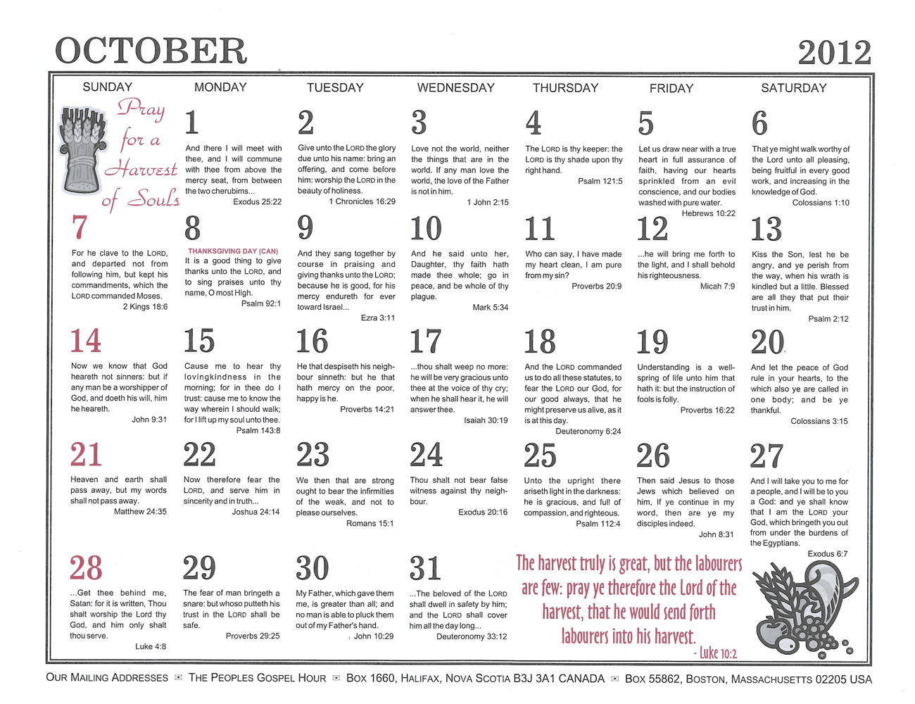 October: 2012 The Peoples Gospel Hour Calendar