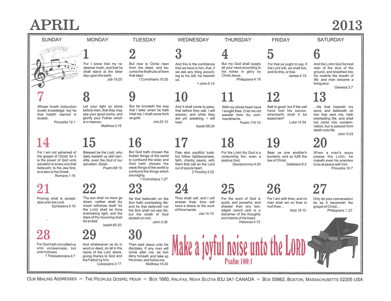 April: 2013 The Peoples Gospel Hour Calendar