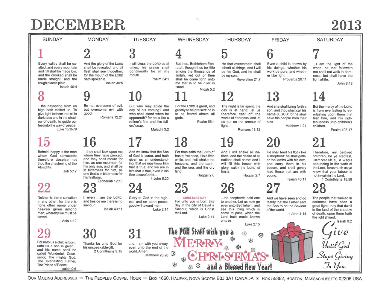 December: 2013 The Peoples Gospel Hour Calendar