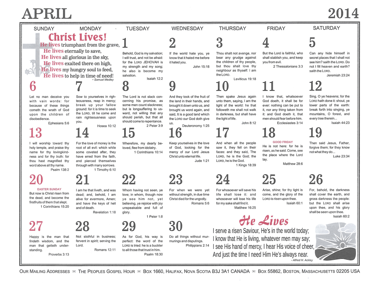 April: 2014 The Peoples Gospel Hour Calendar