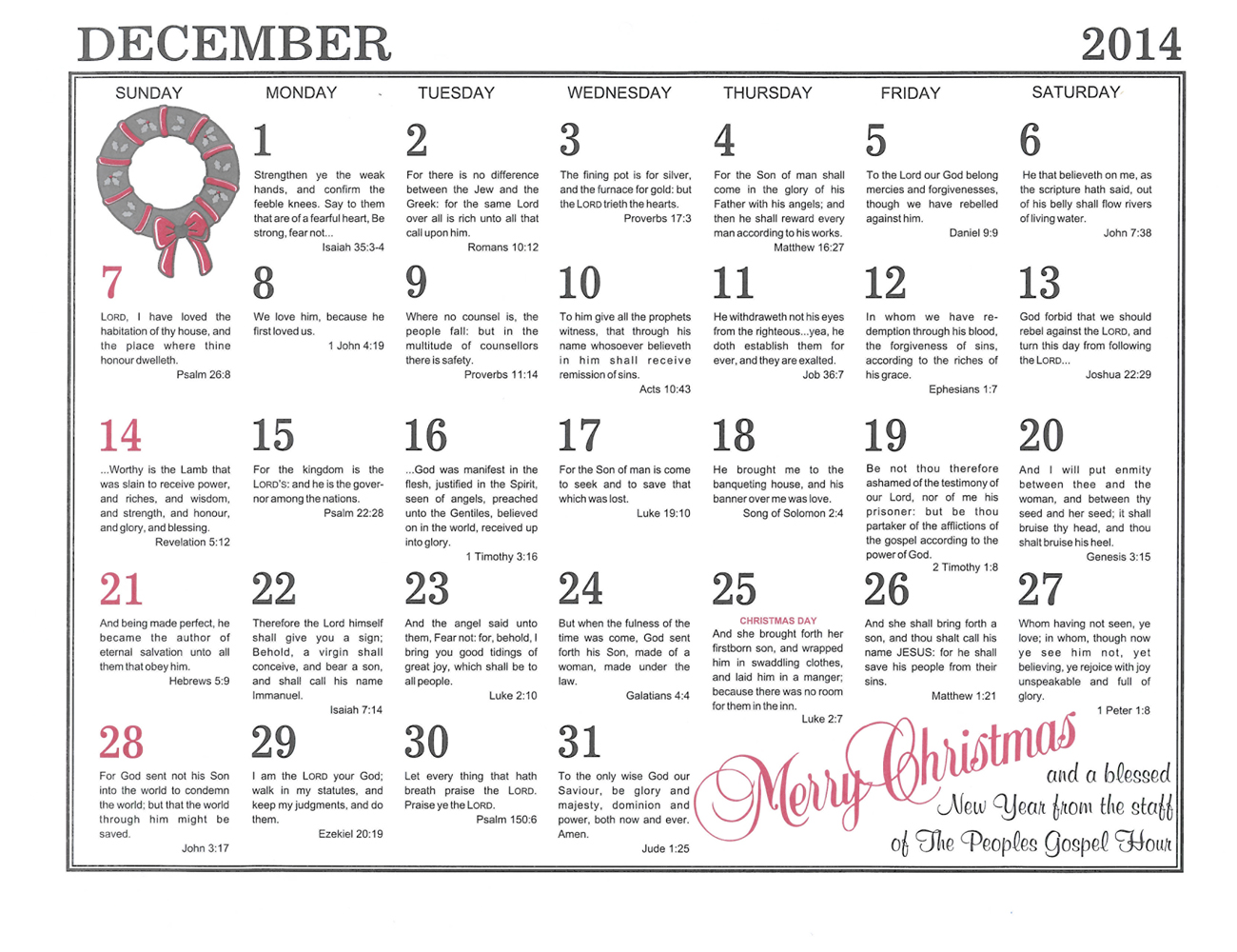 December: 2014 The Peoples Gospel Hour Calendar