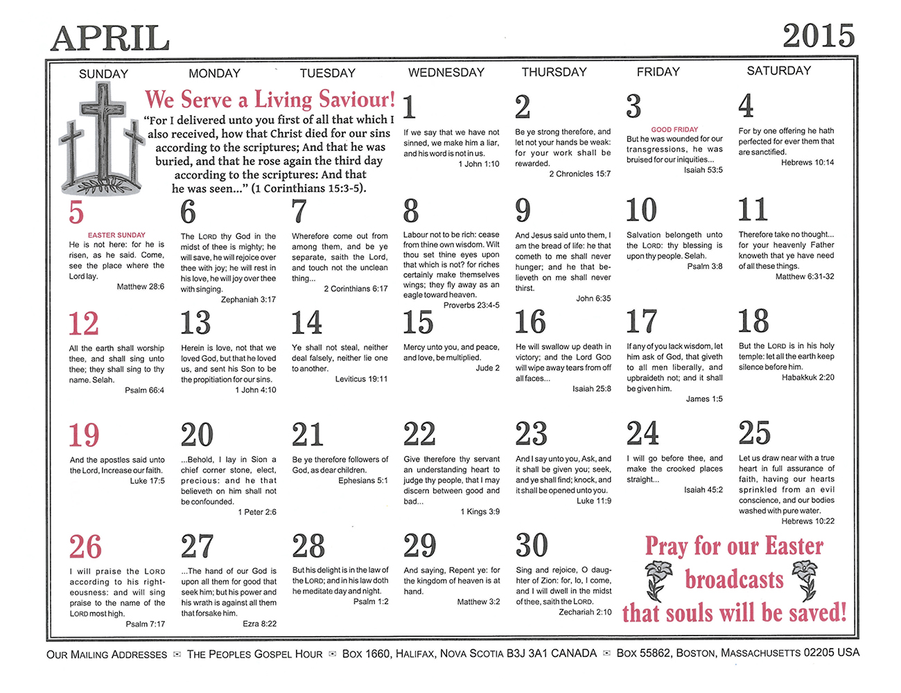 April: 2015 The Peoples Gospel Hour Calendar
