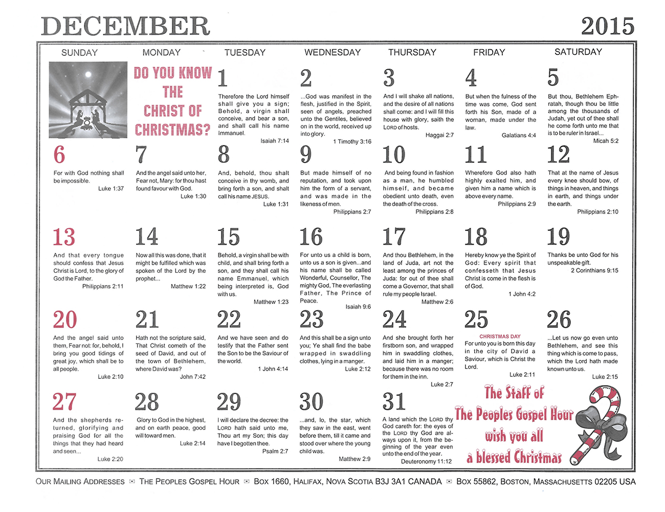 December: 2015 The Peoples Gospel Hour Calendar
