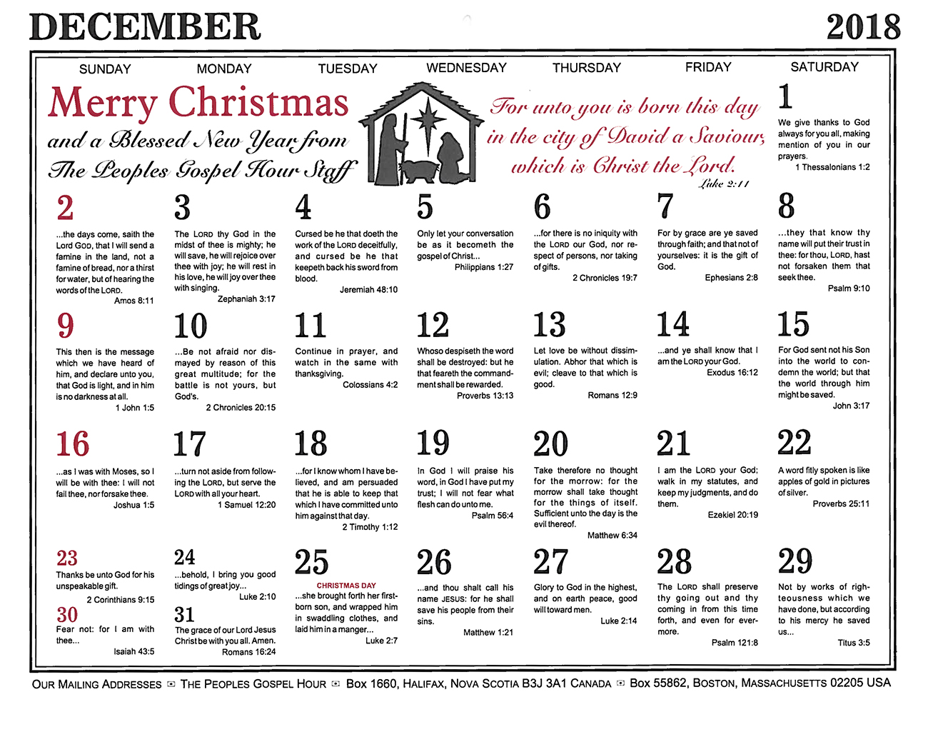 December: 2018 The Peoples Gospel Hour Calendar