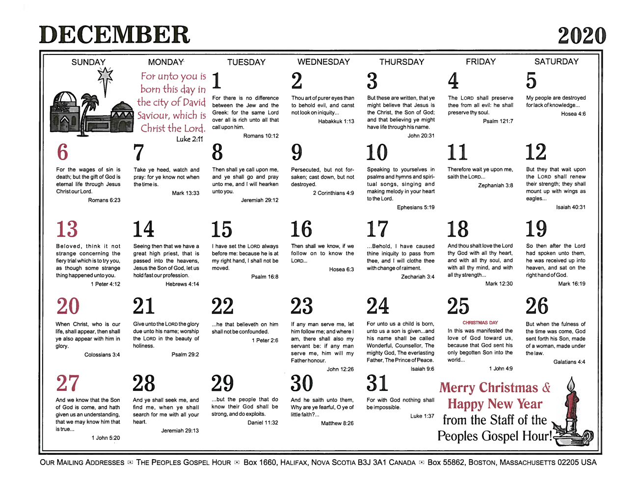 December: 2020 The Peoples Gospel Hour Calendar
