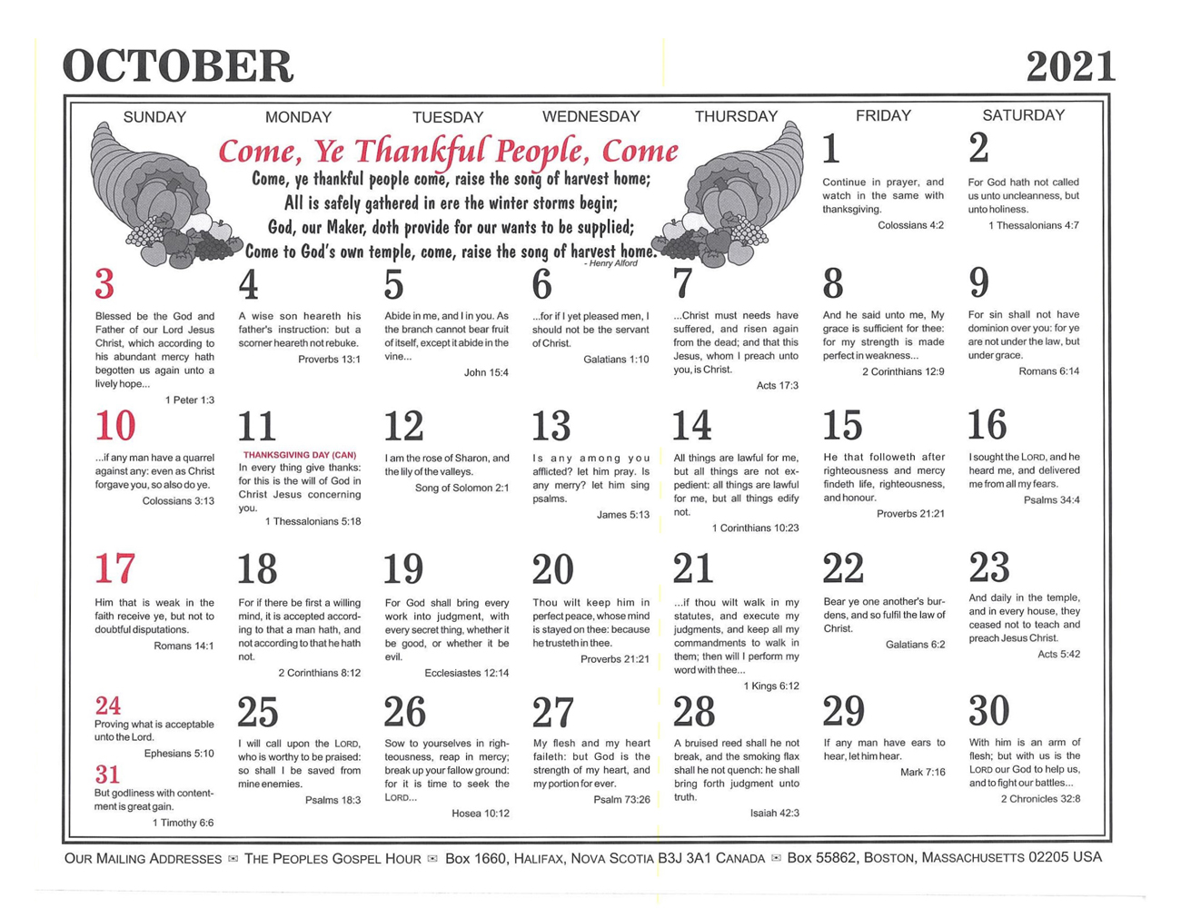 October: 2021 The Peoples Gospel Hour Calendar