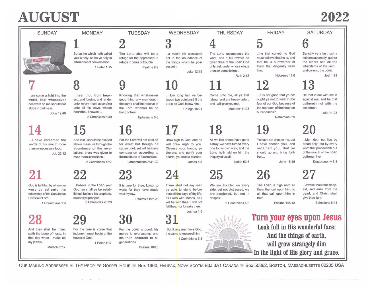 August: 2022 The Peoples Gospel Hour Calendar