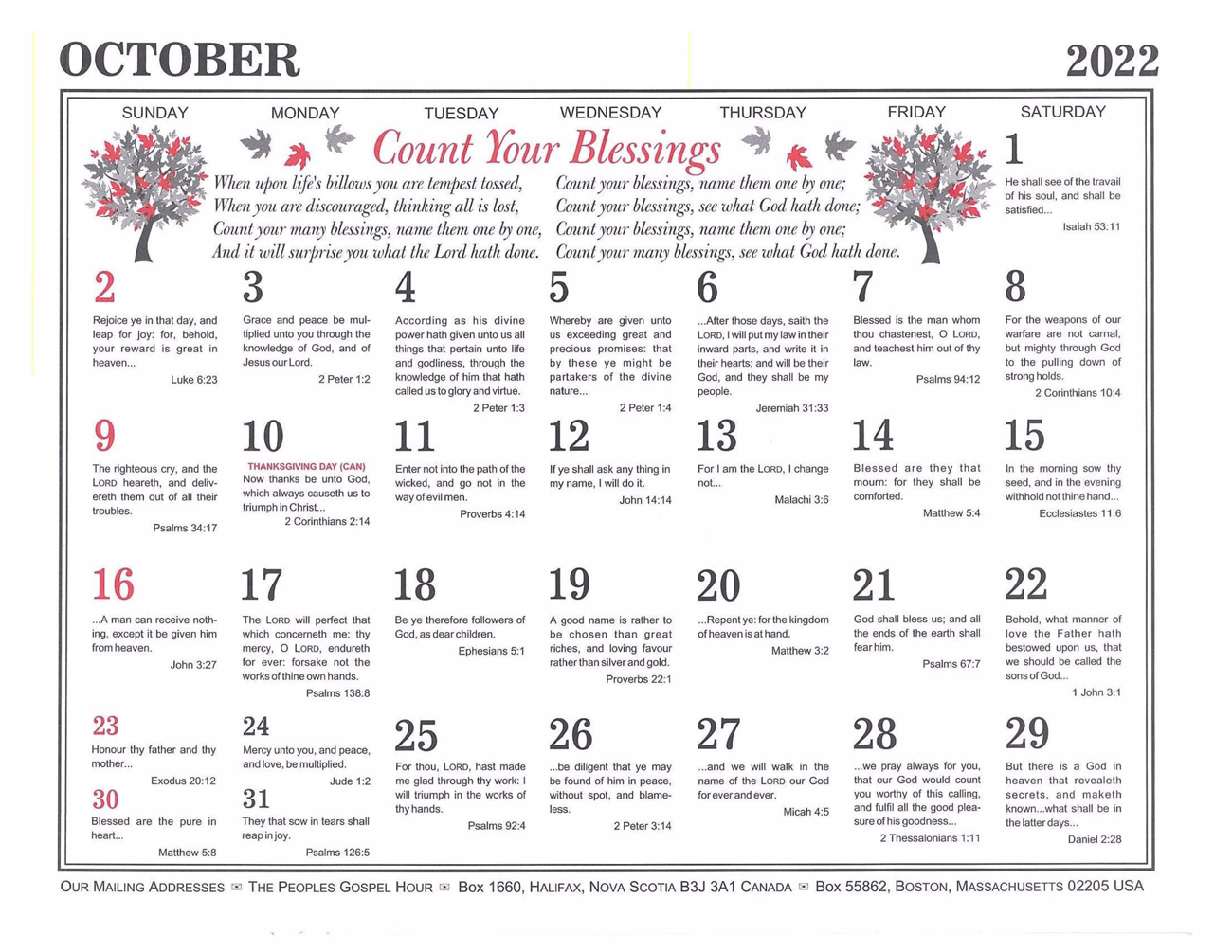 October: 2022 The Peoples Gospel Hour Calendar
