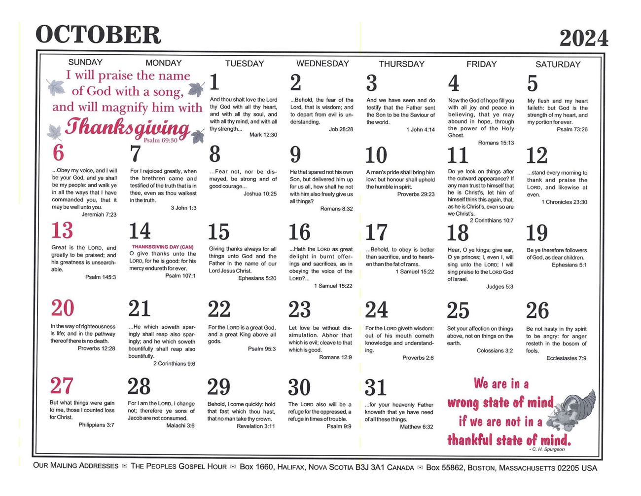 October: 2024 The Peoples Gospel Hour Calendar