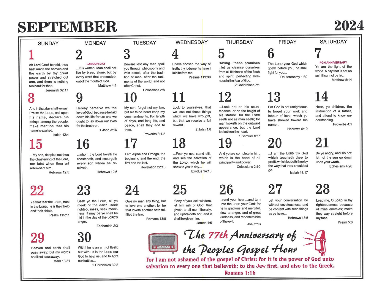 September: 2024 The Peoples Gospel Hour Calendar