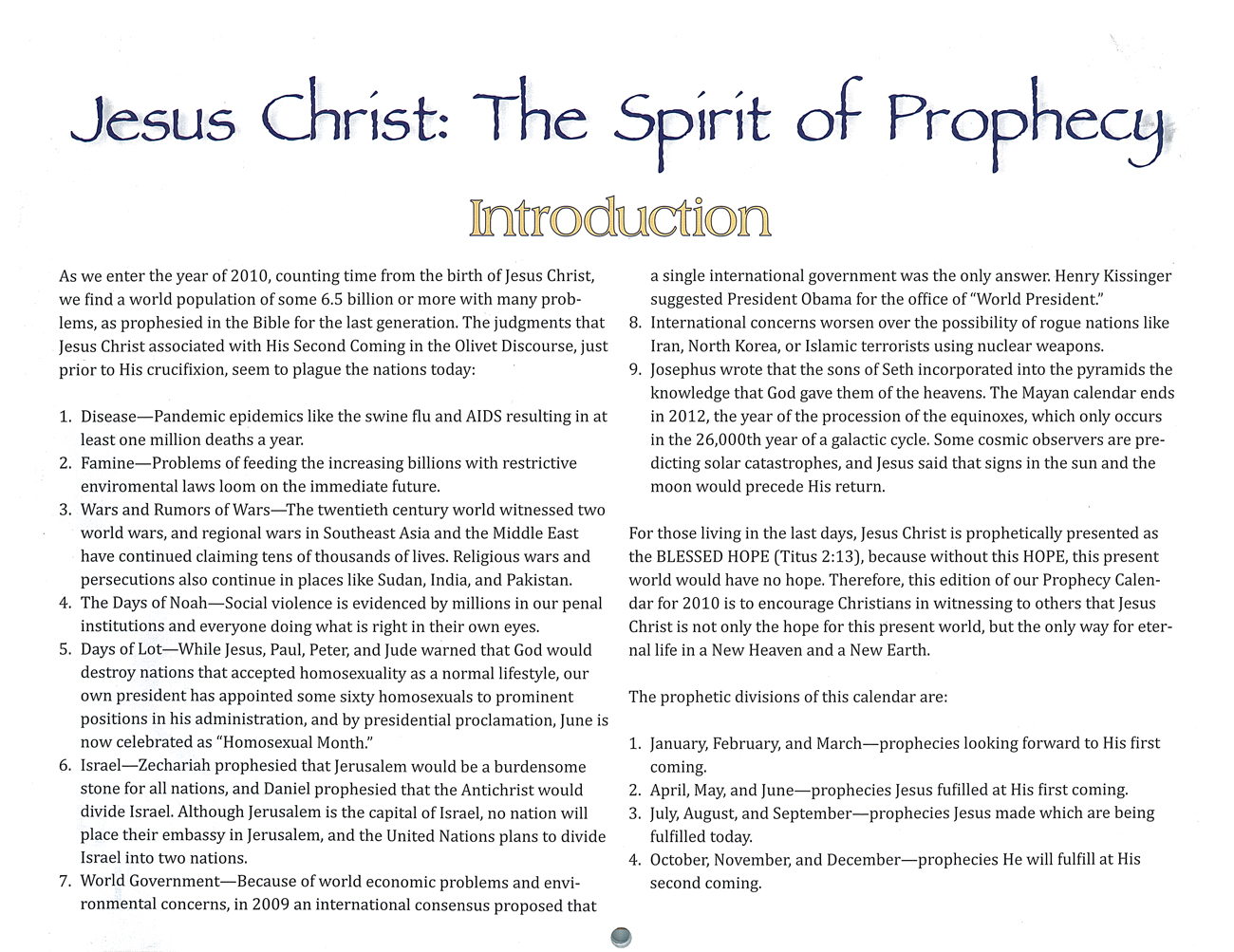 2010 Prophecy Calendar: Jesus Christ: The Spirit of Prophecy