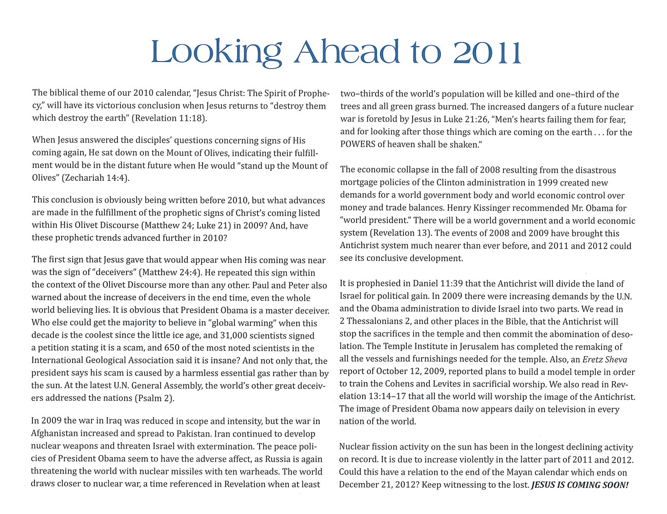 2010 Prophecy Calendar: Looking Ahead to 2011