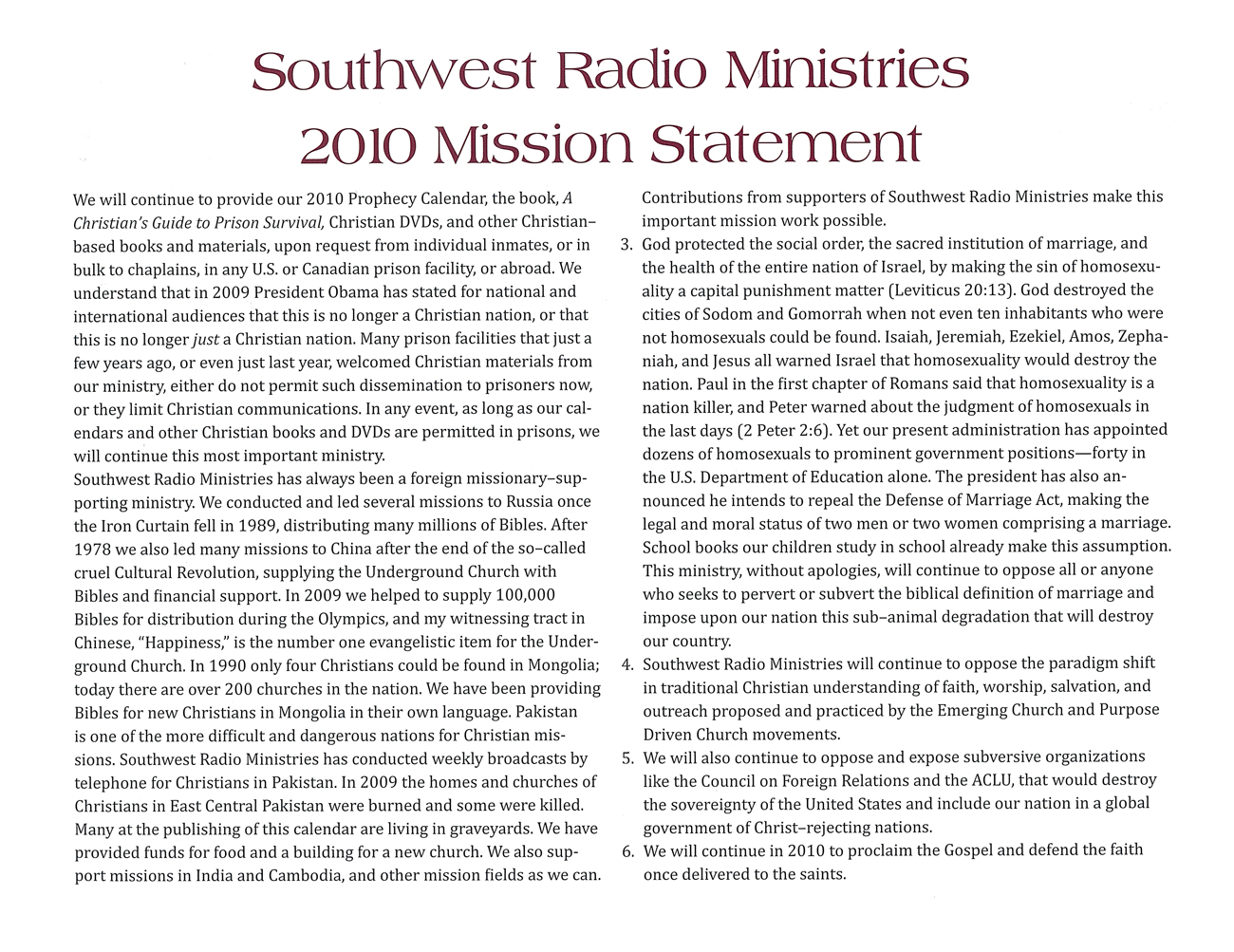 2010 Prophecy Calendar: Southwest Radio Ministries 2010 Mission Statement
