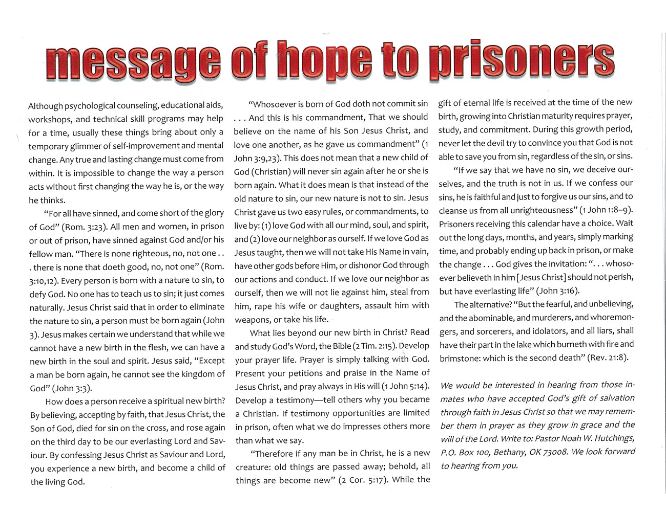 2009 Prophecy Calendar: message of hope to prisoners