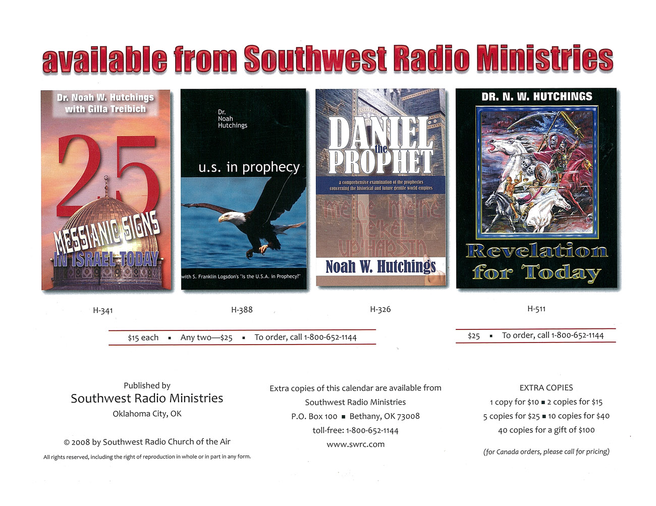 2009 Prophecy Calendar: available from Southwest Ministries