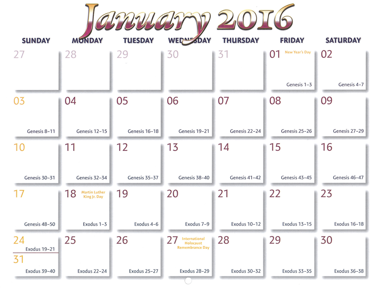 2016 Prophecy Calendar: January - Calendar