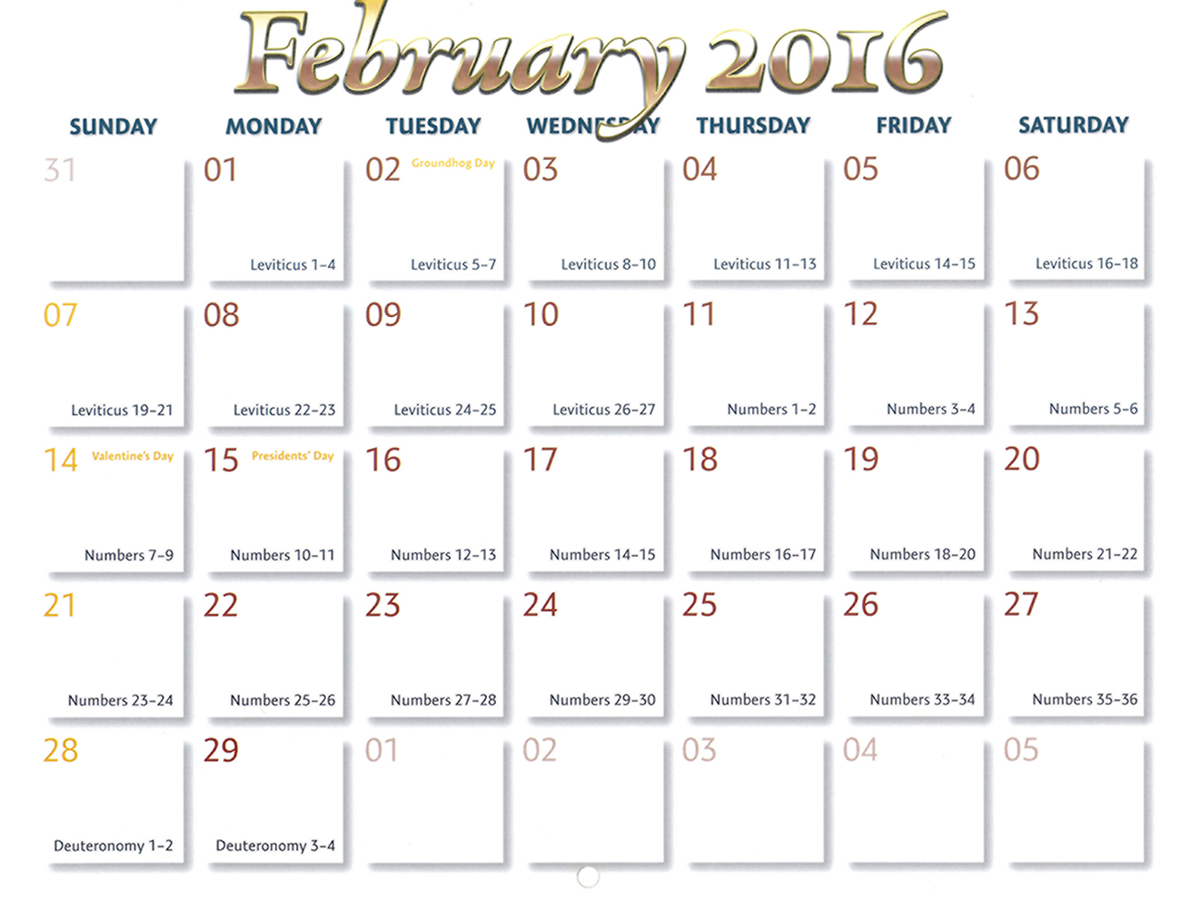 2016 Prophecy Calendar: February - Calendar