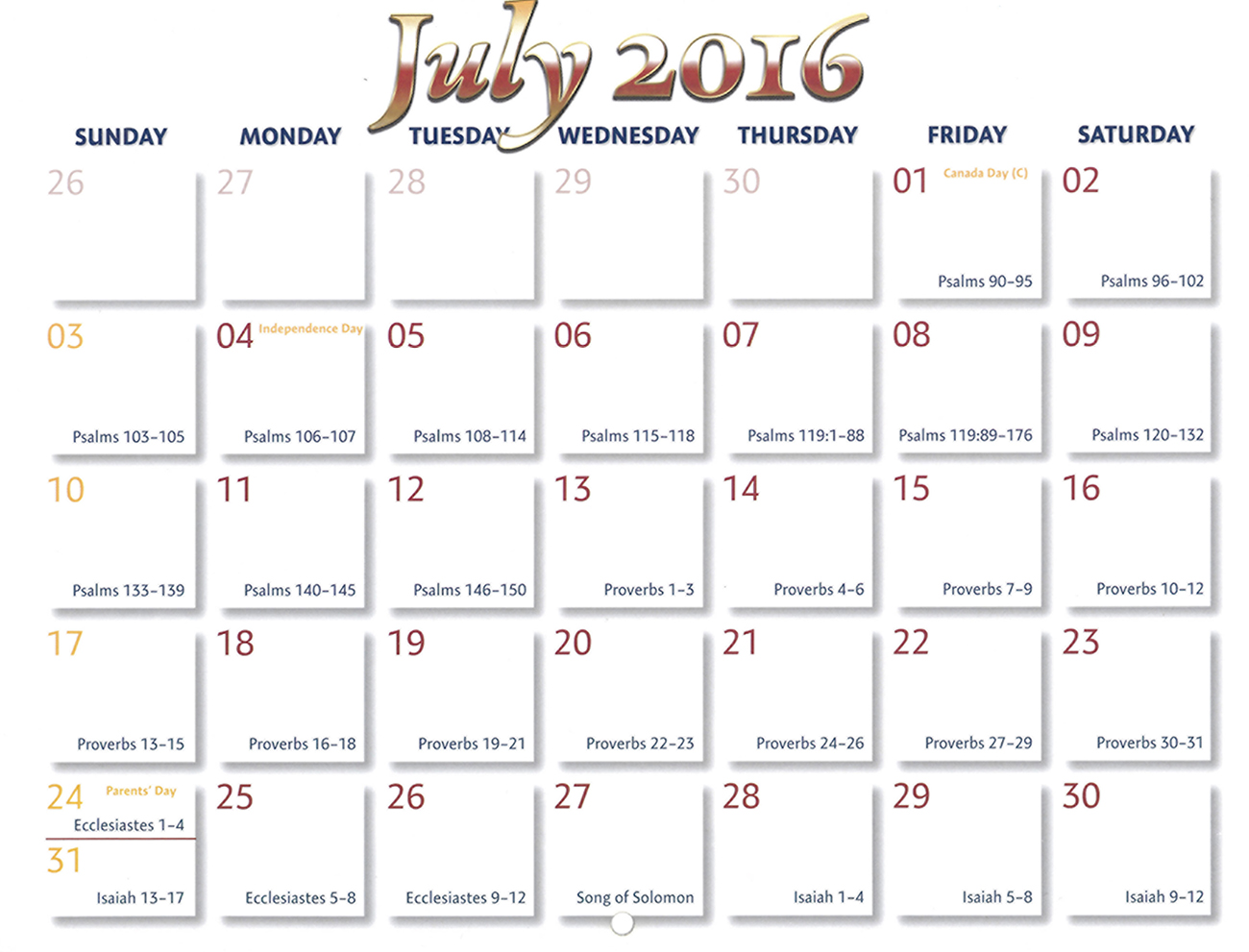 2016 Prophecy Calendar: July - Calendar
