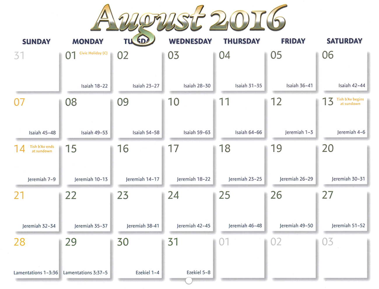 2016 Prophecy Calendar: August - Calendar