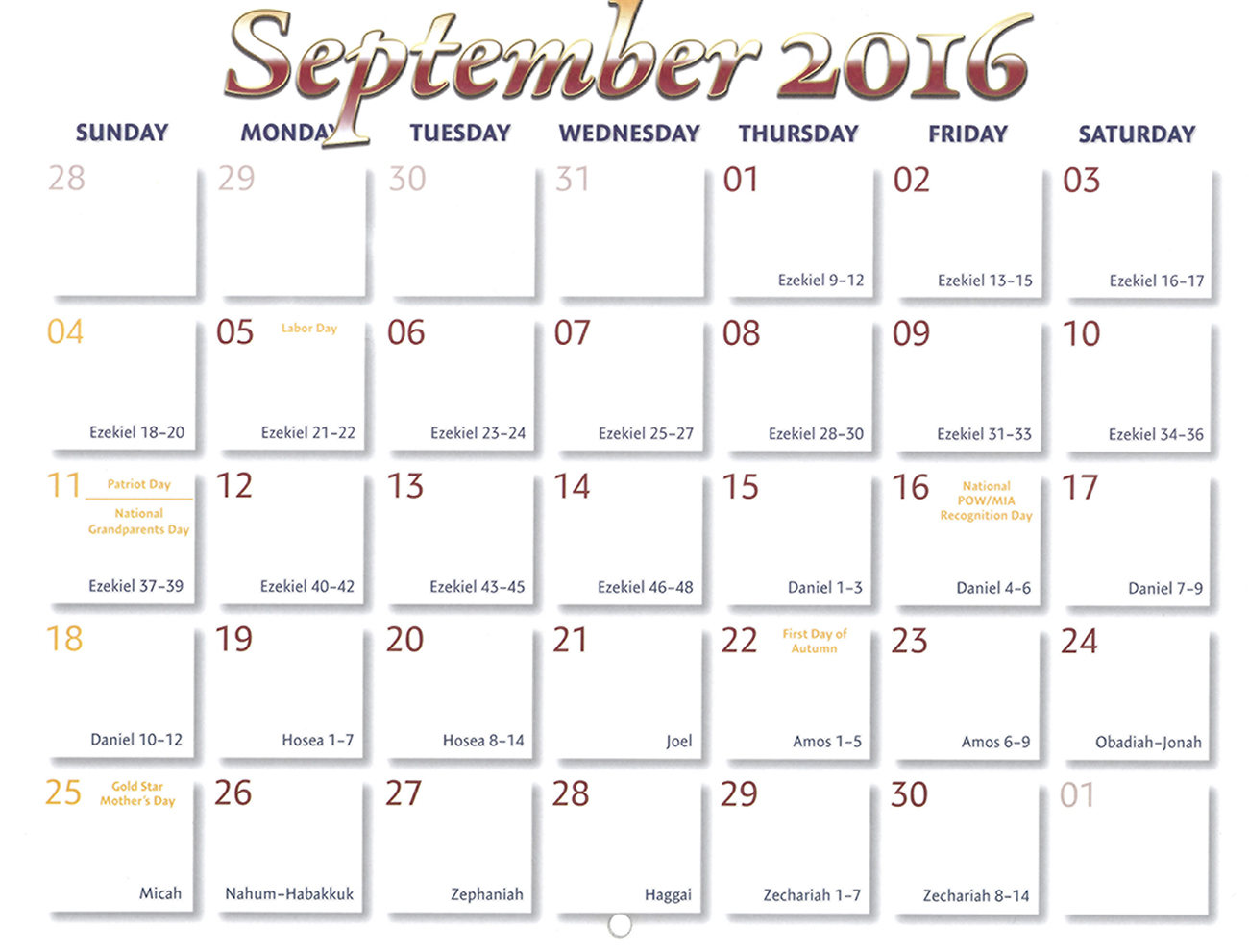 2016 Prophecy Calendar: September - Calendar