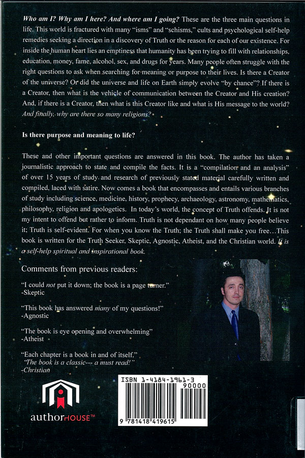 Picture of the back cover of the book entitled The Quest for Truth.