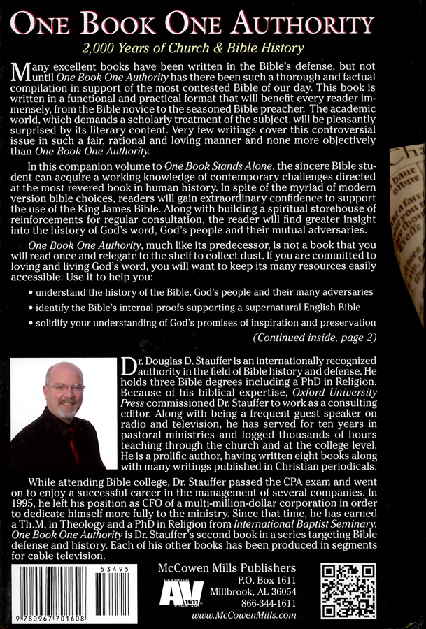 Picture of the back cover of the book entitled One Book One Authority: 2000 Years of Church & Bible History.