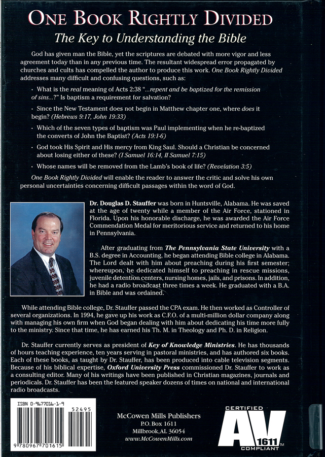 Picture of the back cover of the book entitled One Book Rightly Divided.
