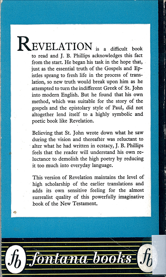 Picture of the back cover of the book entitled The Book of Revelation.