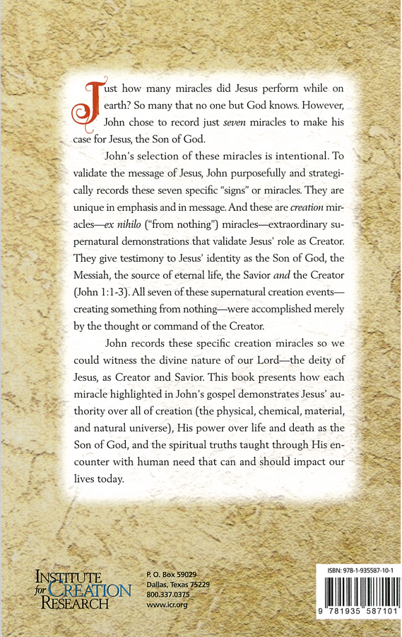 Picture of the back cover of the book entitled 7 Creation Miracles of Christ.