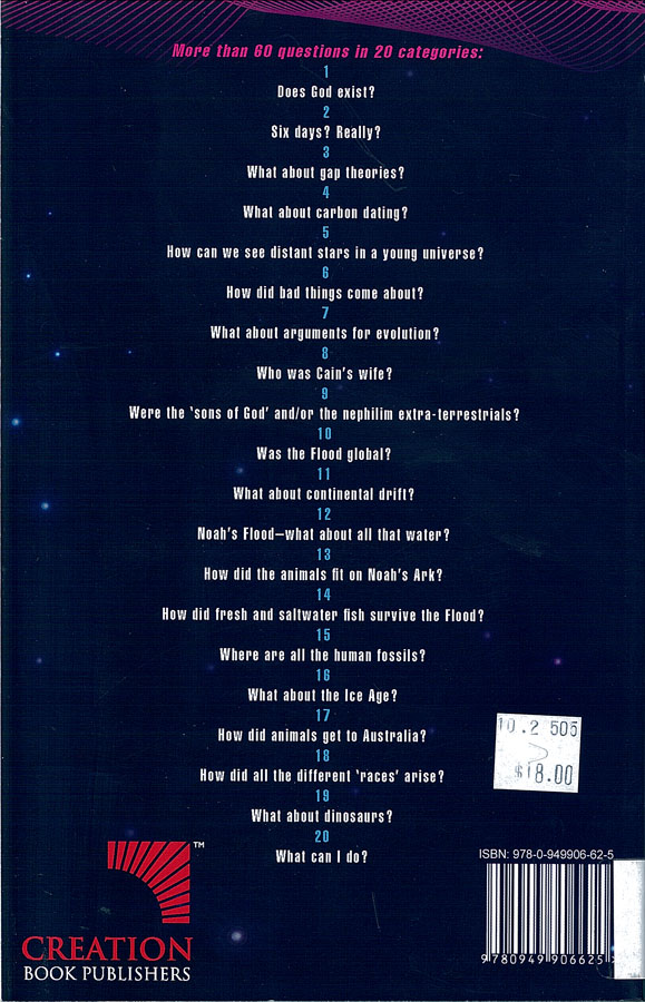 Picture of the back cover of the book entitled The Creation Answers Book.