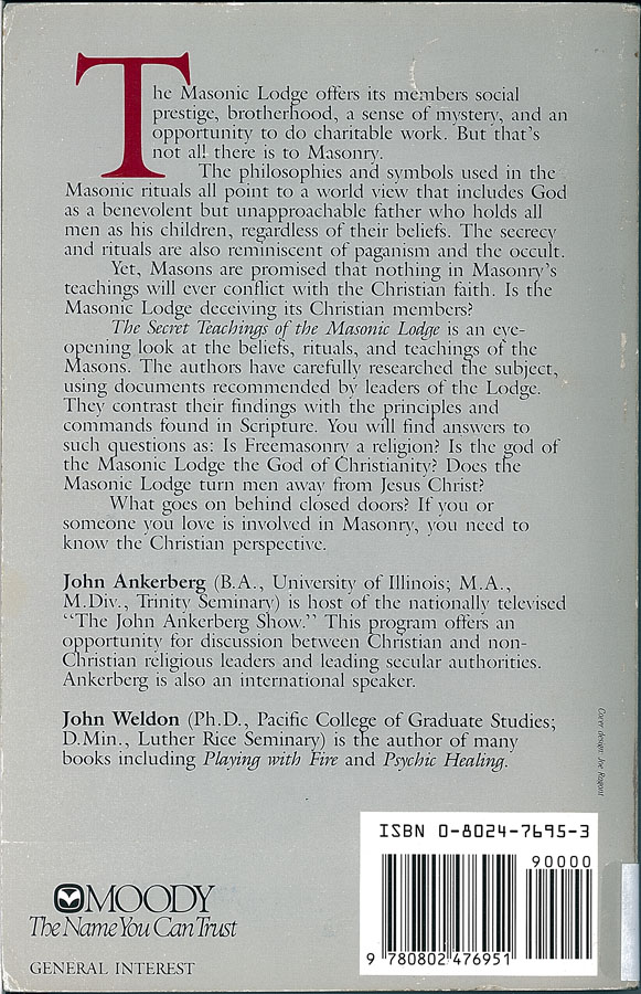 Picture of the back cover of the book entitled The Secret Teachings of the Masonic Lodge.