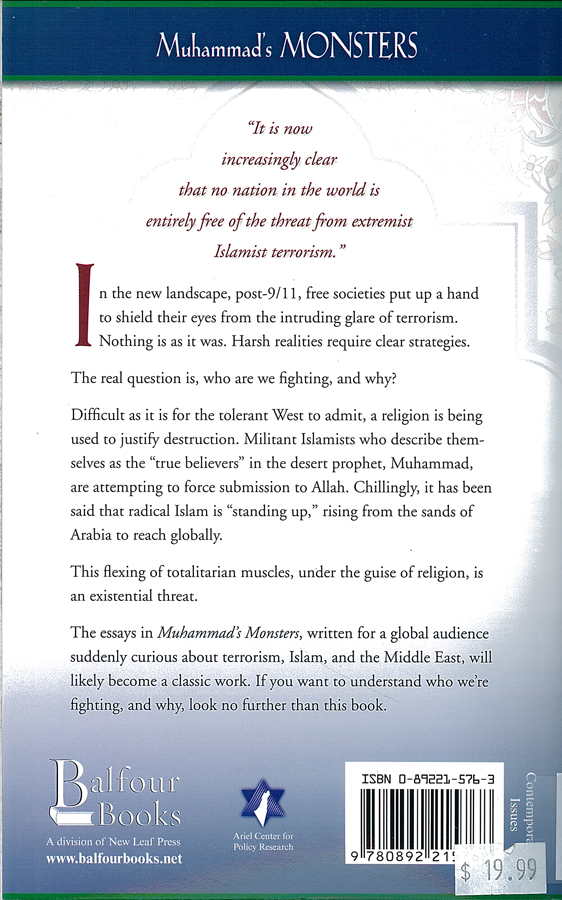 Picture of the back cover of the book entitled Muhammad's Monsters.