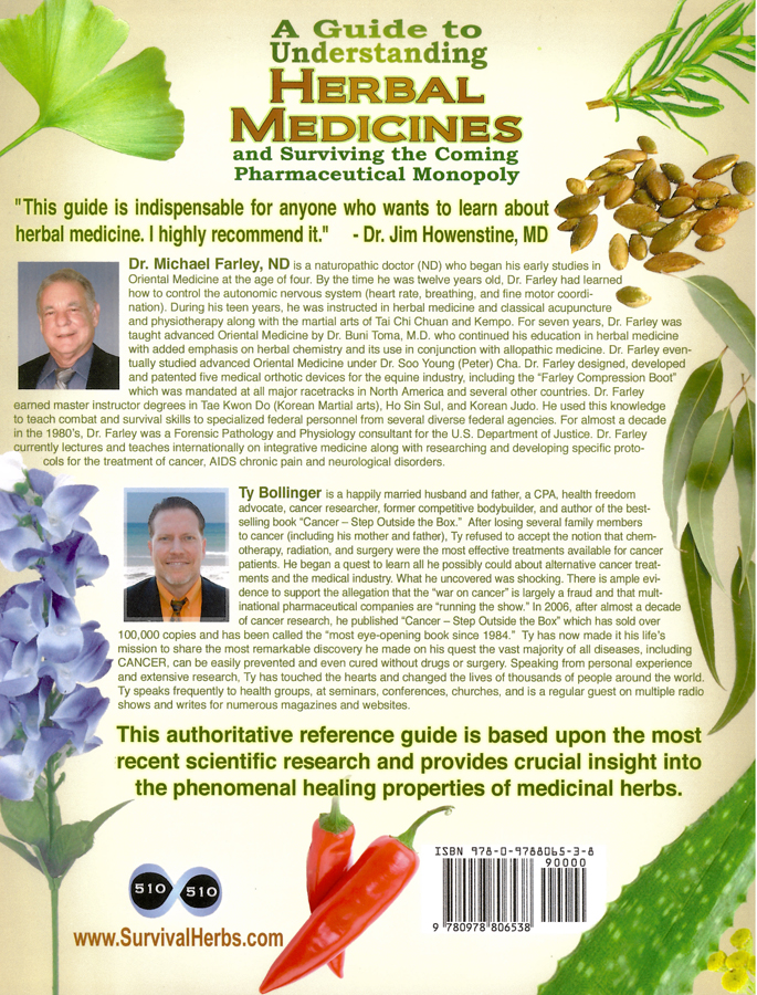 Picture of the back cover of the book entitled A Guide to Understanding Herbal Medicines and Surviving the Coming Pharmaceutical Monopoly.