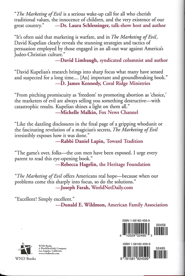 Picture of the front cover of the book entitled The Marketing of Evil.